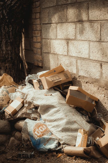 A pile of mixed waste including cardboard boxes, paper bags, and a large white sack is situated next to a brick wall and a concrete block wall. The cardboard boxes vary in size, some are flattened or partially collapsed, with brown and grey tones, and are scattered across the ground. The large white sack appears to be made of a woven fabric material, with some debris spilling from it. The waste is positioned on a dirt and rocky surface, with small stones visible around the refuse. To the left, a large tree trunk with rough, textured bark is partially visible, casting some shadow over the pile. The background features a weathered brick wall on the left side and a concrete block wall on the right, both showing signs of aging and dirt accumulation. The scene is illuminated with natural daylight, highlighting the textures and colors of the waste materials and surroundings, illustrating a typical location where independent rubbish clearance such as Rubbish Removal Putney might be needed for disposal or collection of domestic or commercial rubbish.